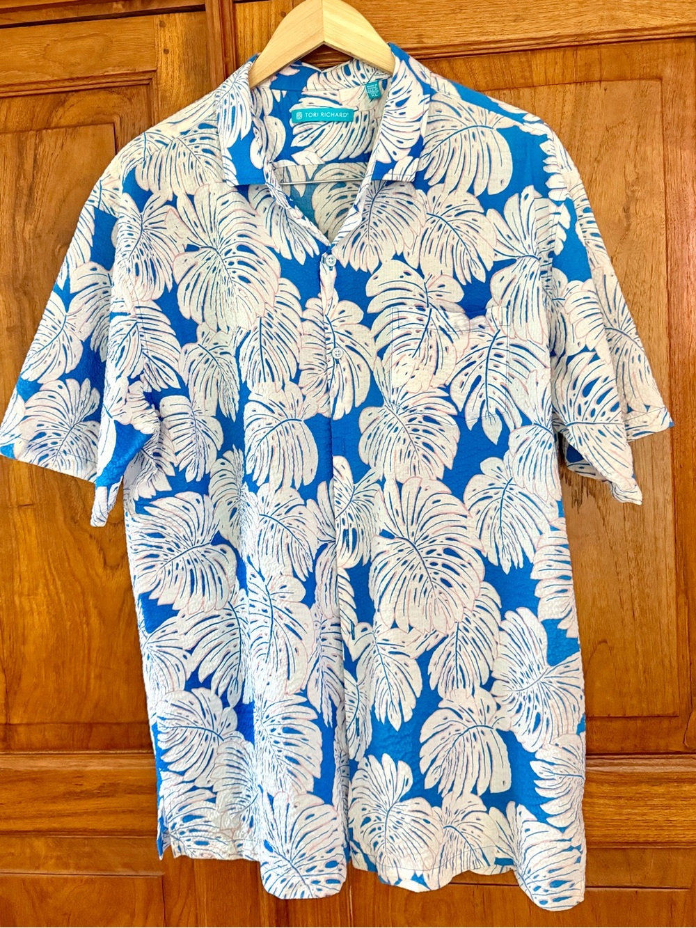 Tori Richard Blue and White Tropical Monstera Leaf Button-Down Shirt